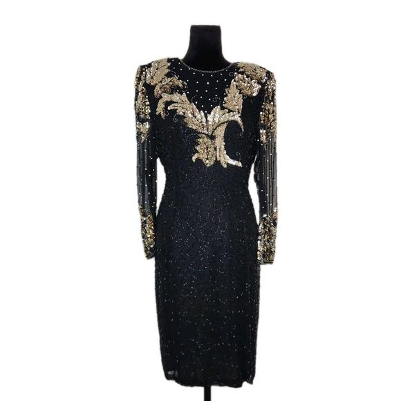 Niteline Dresses & Skirts - VTG Nite Line Silk Beaded Sequin Cocktail Dress Sz 16 Black Gold Sheer Sleeve